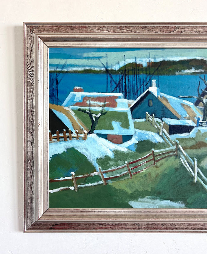 Snowy lake cabins 29.5” x 25.5”
