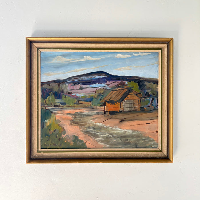 Orange cabin purple mountains 21.5” x 18.5”