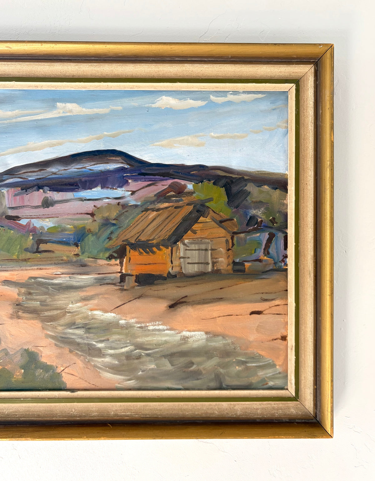 Orange cabin purple mountains 21.5” x 18.5”