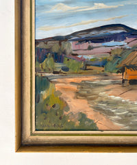 Orange cabin purple mountains 21.5” x 18.5”