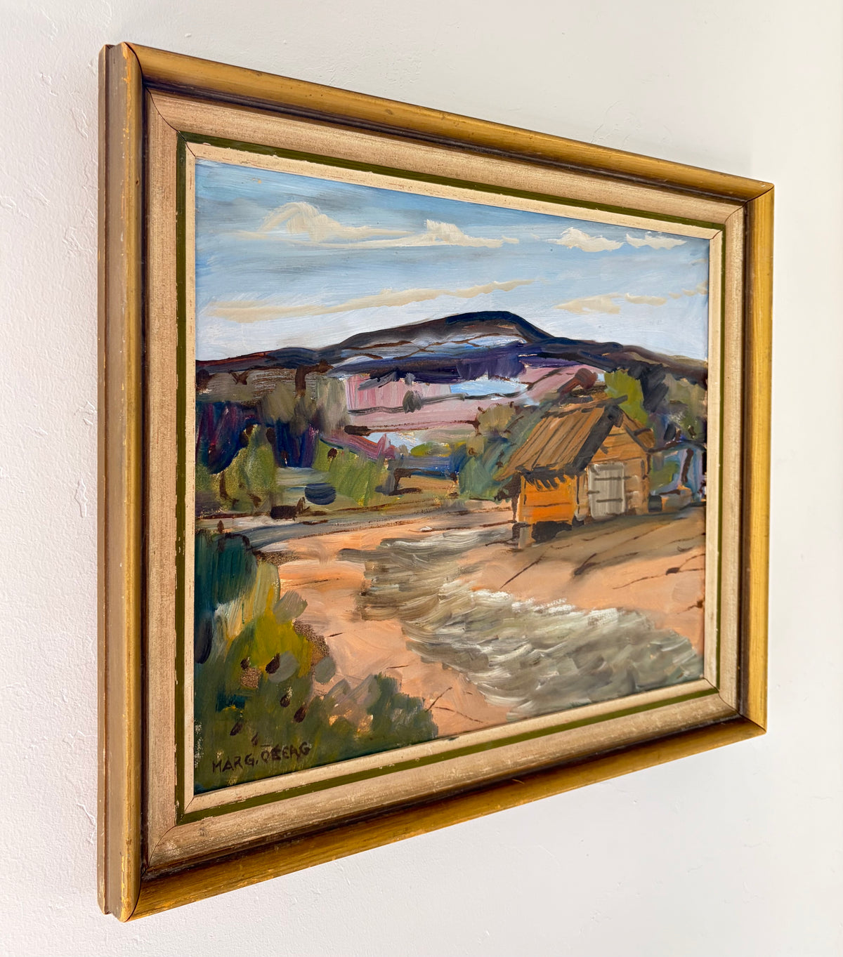 Orange cabin purple mountains 21.5” x 18.5”
