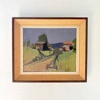 MCM abstract cabins 23.5” x 20.5”
