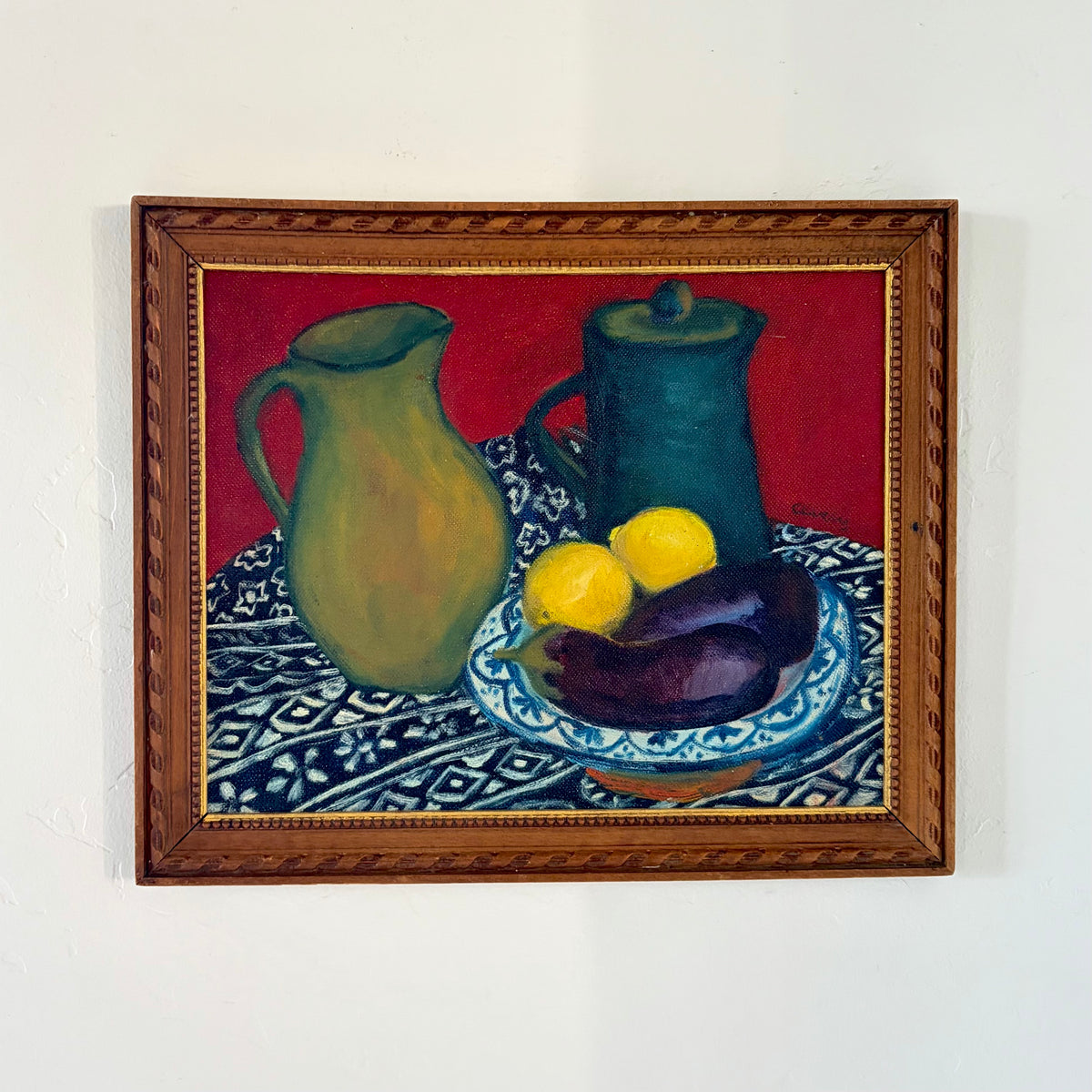 Patterned tablecloth still life 13.5” x 11.5”