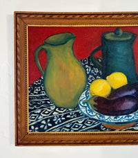 Patterned tablecloth still life 13.5” x 11.5”