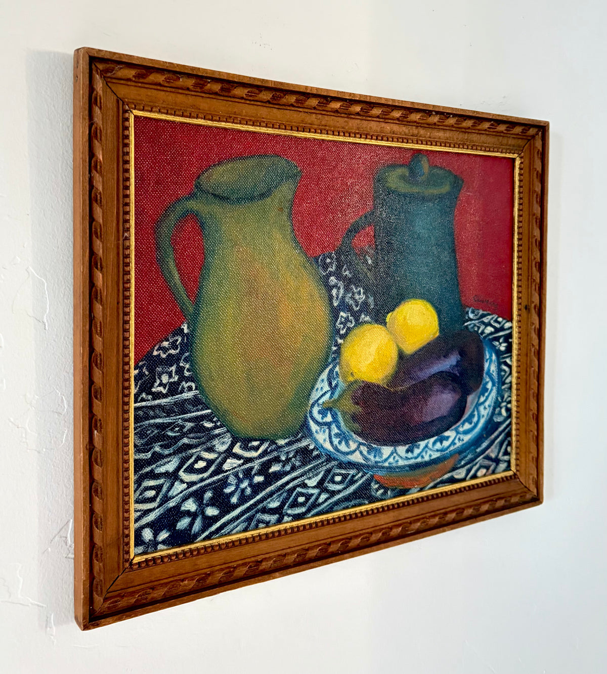 Patterned tablecloth still life 13.5” x 11.5”