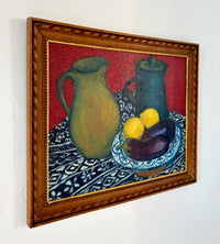 Patterned tablecloth still life 13.5” x 11.5”