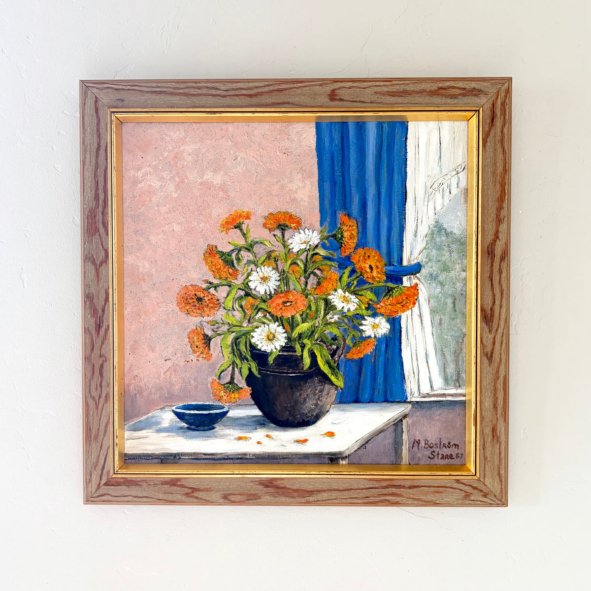 Orange flowers blue curtain 16.5” x 16.5”