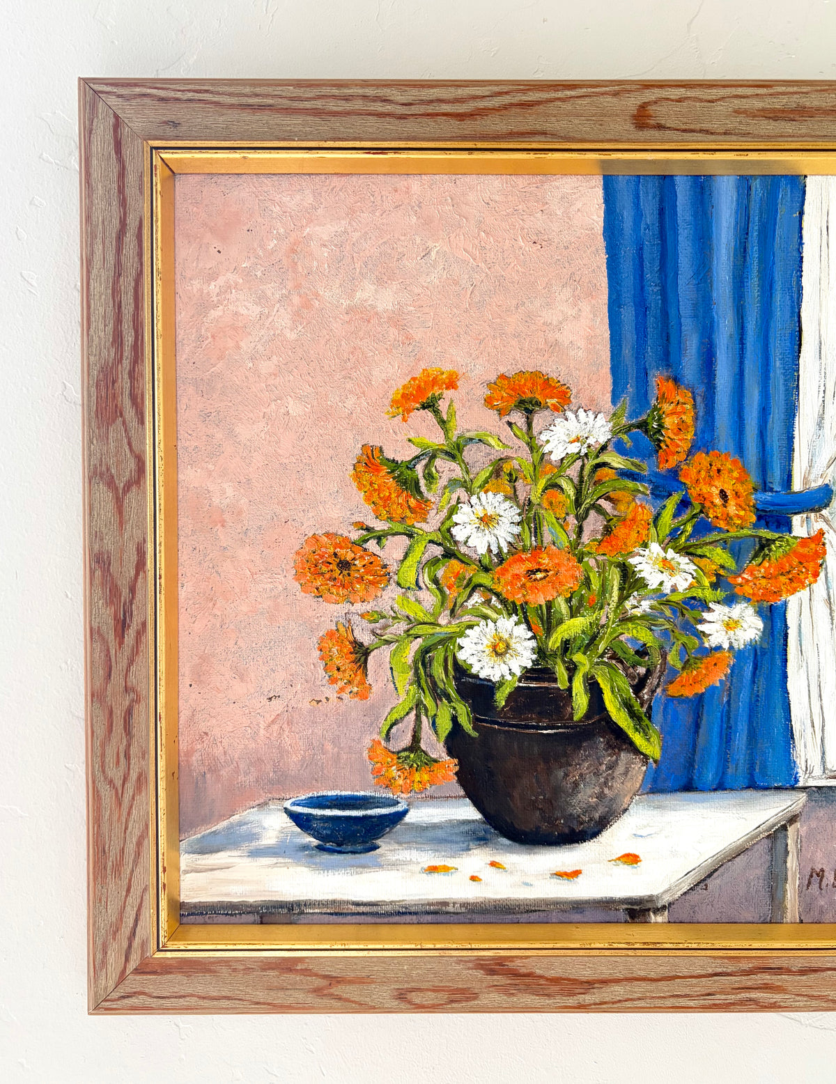 Orange flowers blue curtain 16.5” x 16.5”