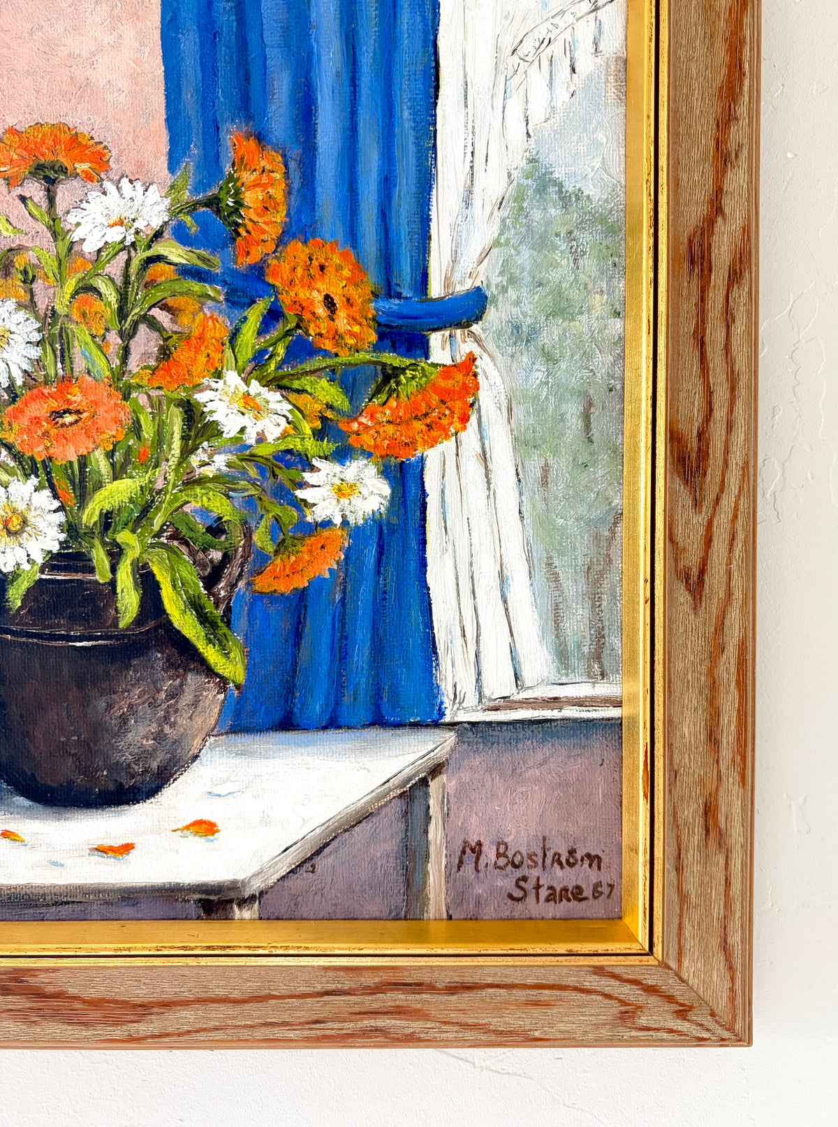 Orange flowers blue curtain 16.5” x 16.5”