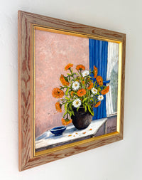 Orange flowers blue curtain 16.5” x 16.5”