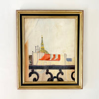 Rooftops through french railing 16.5” x 20”