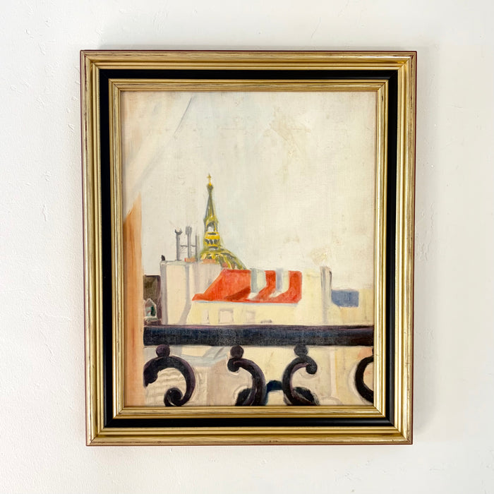 Rooftops through french railing 16.5” x 20”