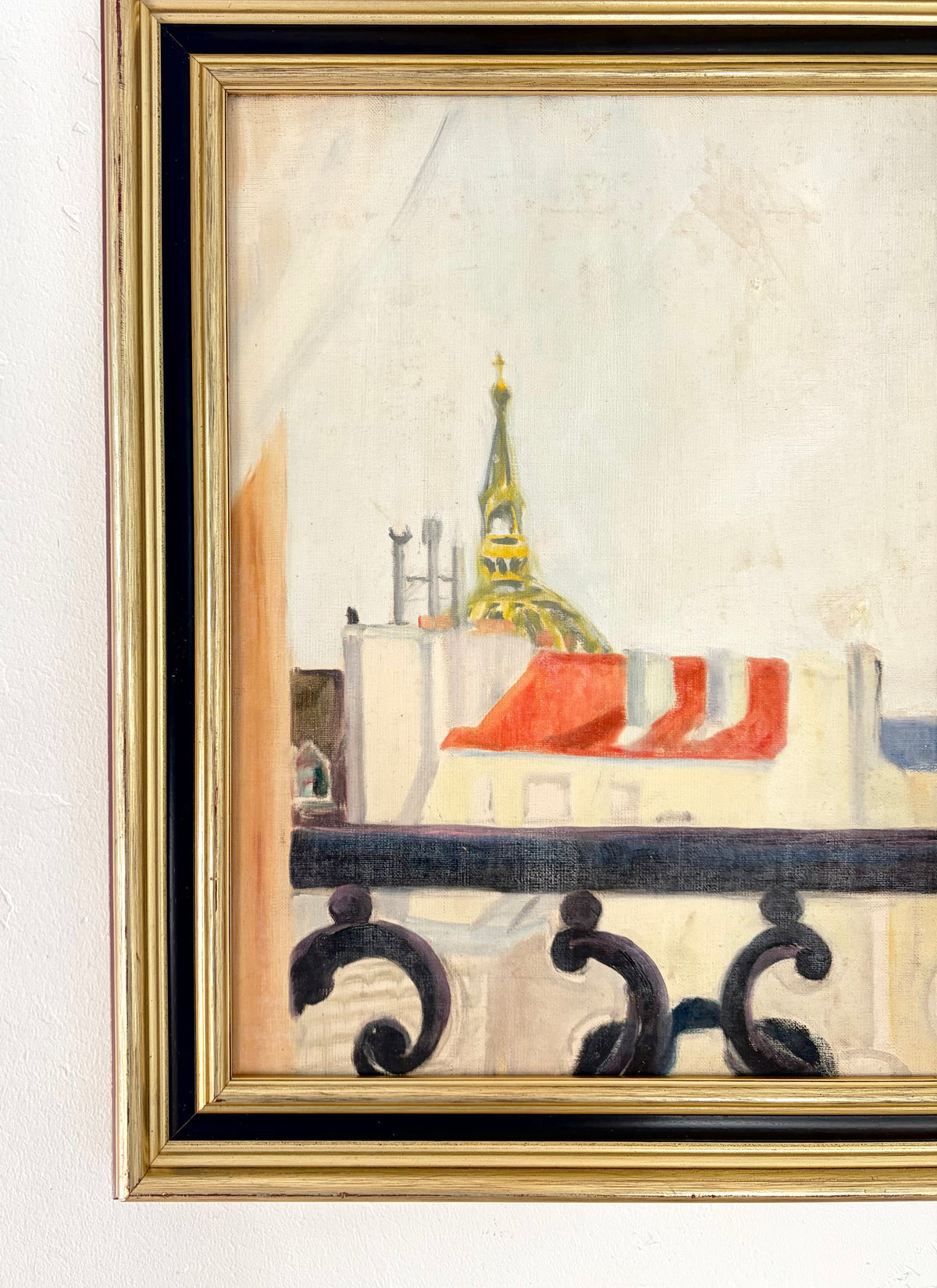 Rooftops through french railing 16.5” x 20”