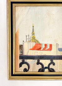 Rooftops through french railing 16.5” x 20”