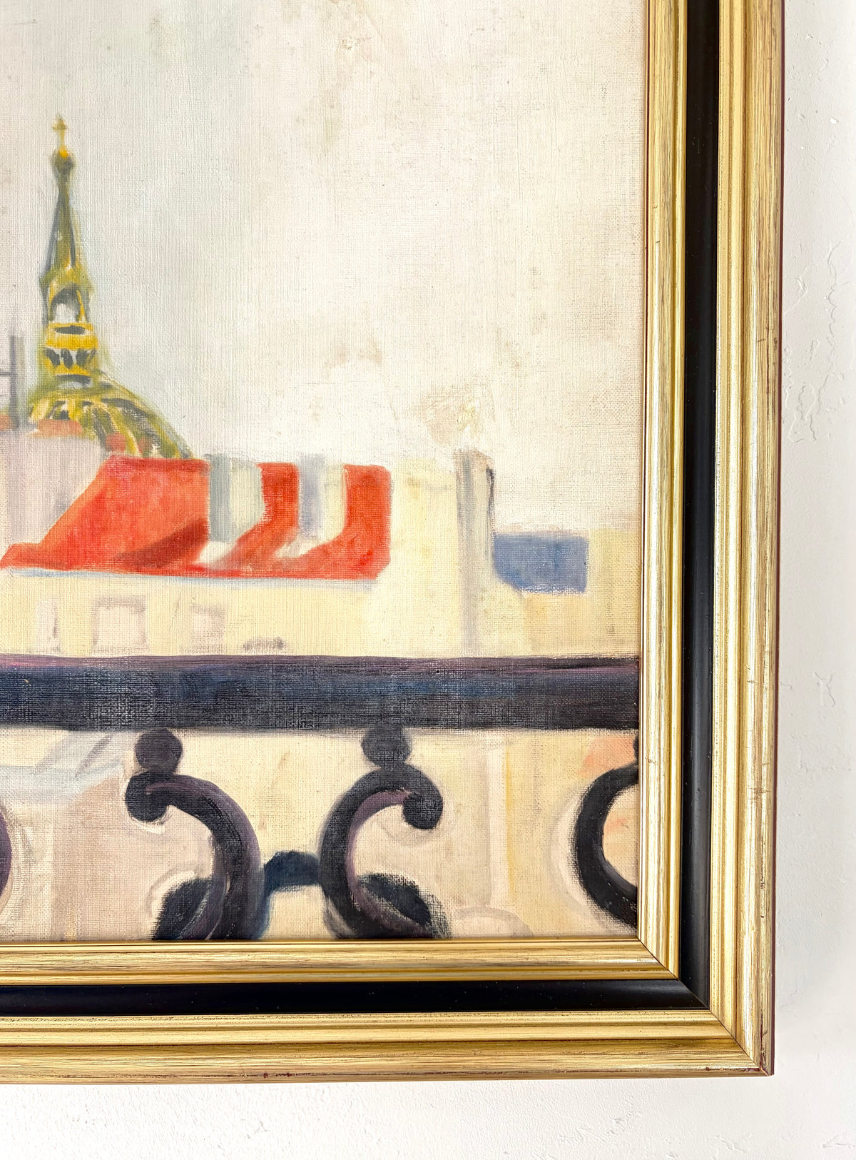 Rooftops through french railing 16.5” x 20”