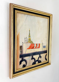 Rooftops through french railing 16.5” x 20”
