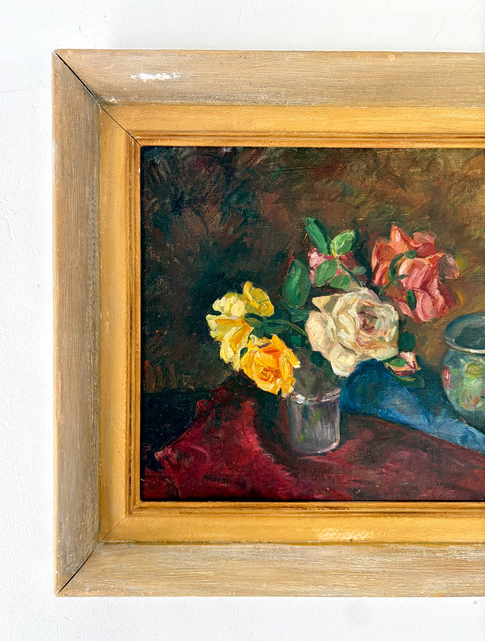 Wine stained cloth and roses 24” x 20.5”