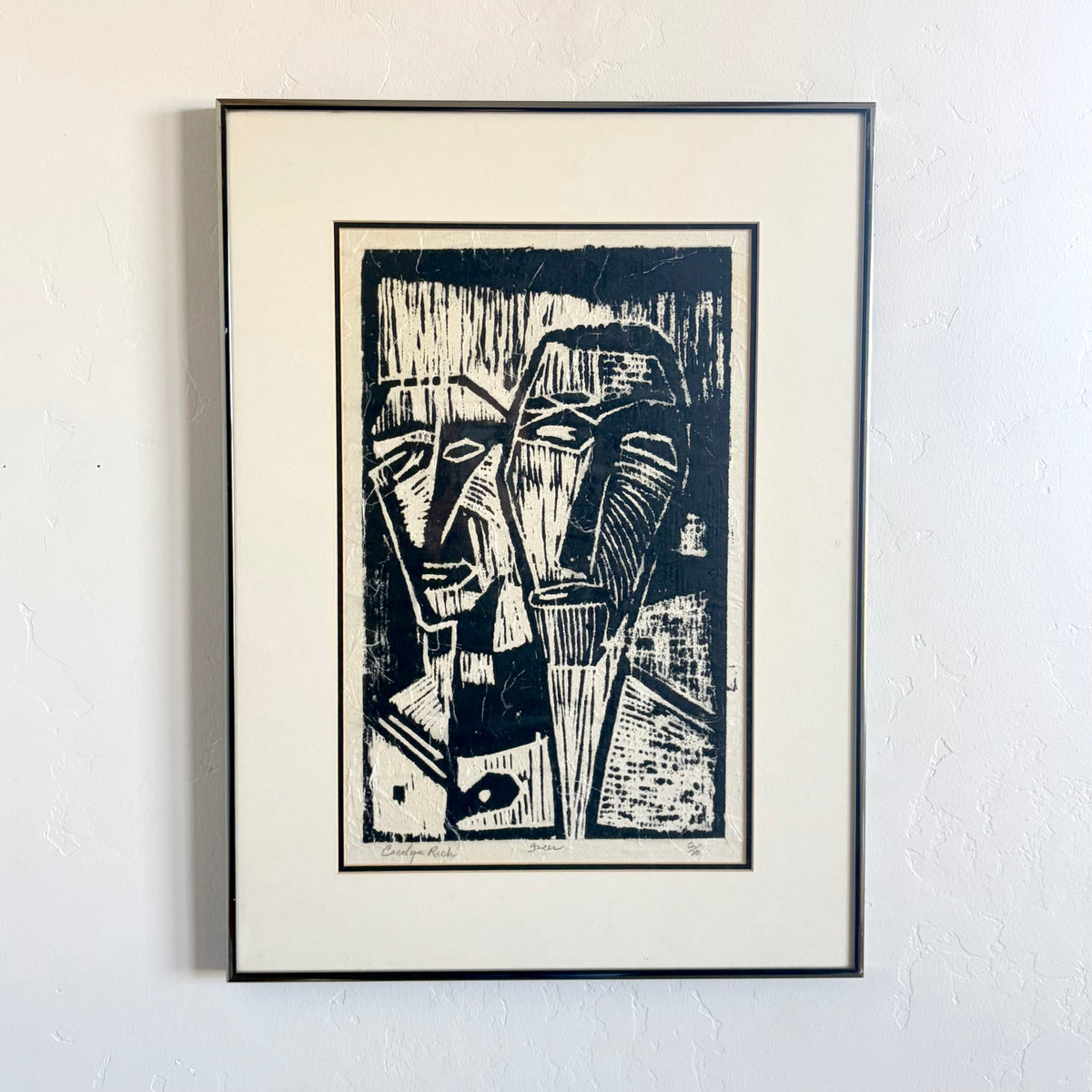 Abstract faces block print 16.5” x 22.5”