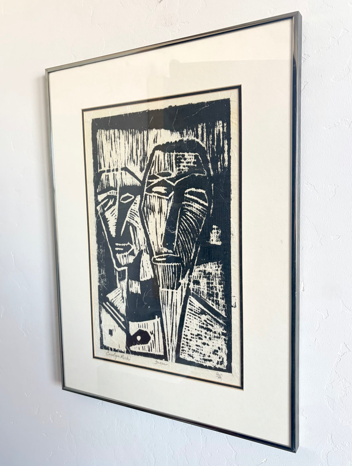 Abstract faces block print 16.5” x 22.5”