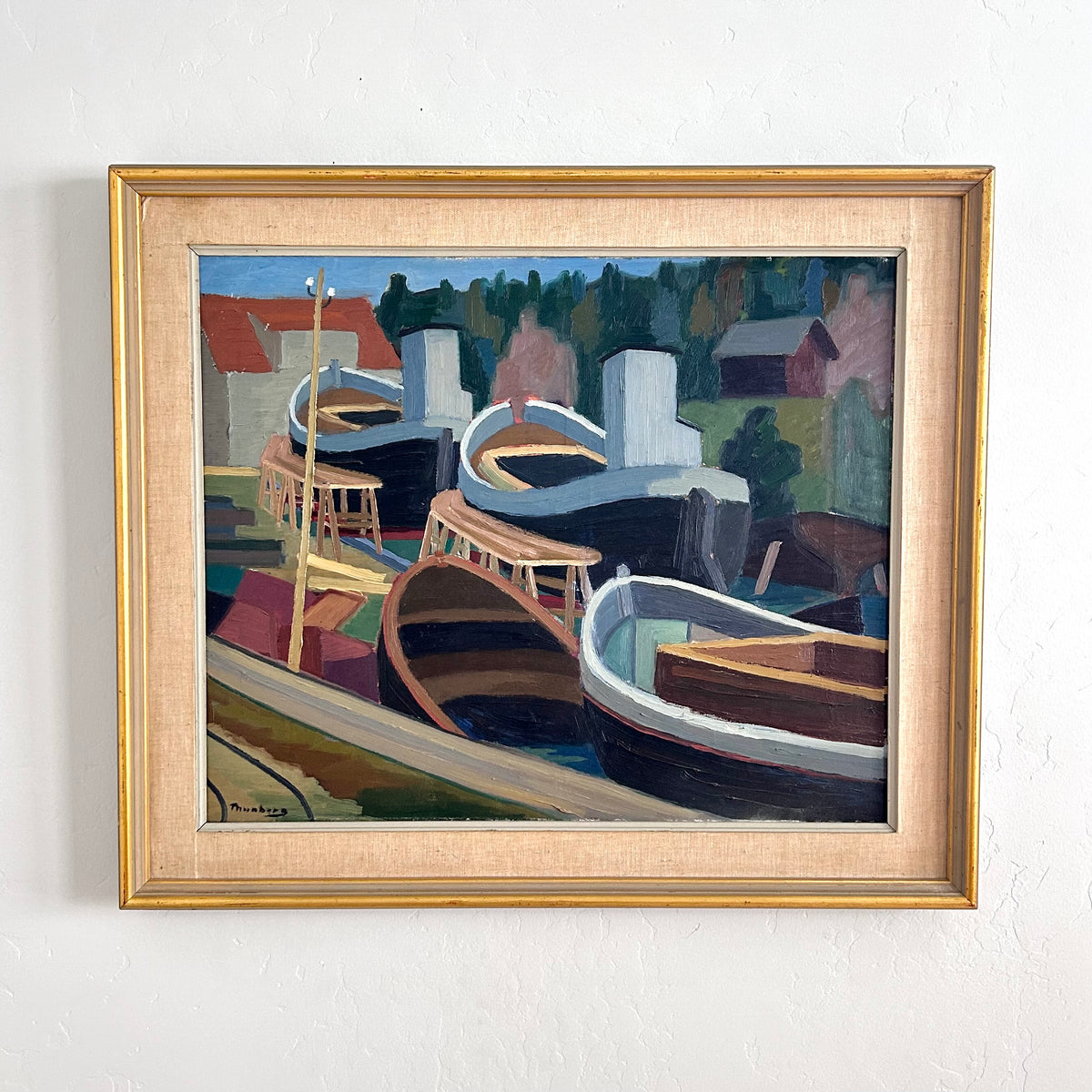 Jewel toned boat scene 35” x 30”