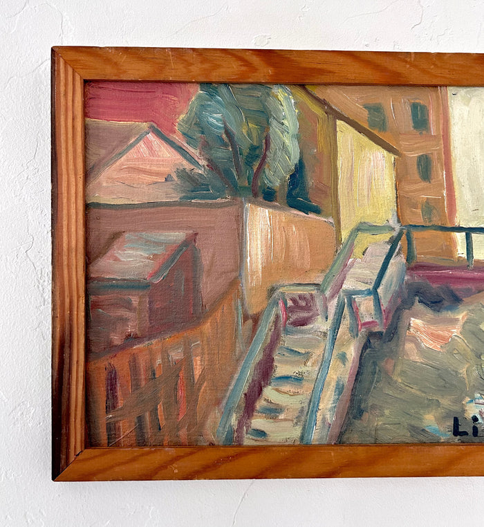 Expressionist city stairs 12.5” x 10”