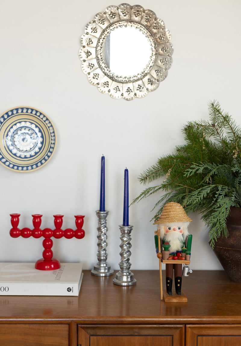 Long red bobbin candelabra
