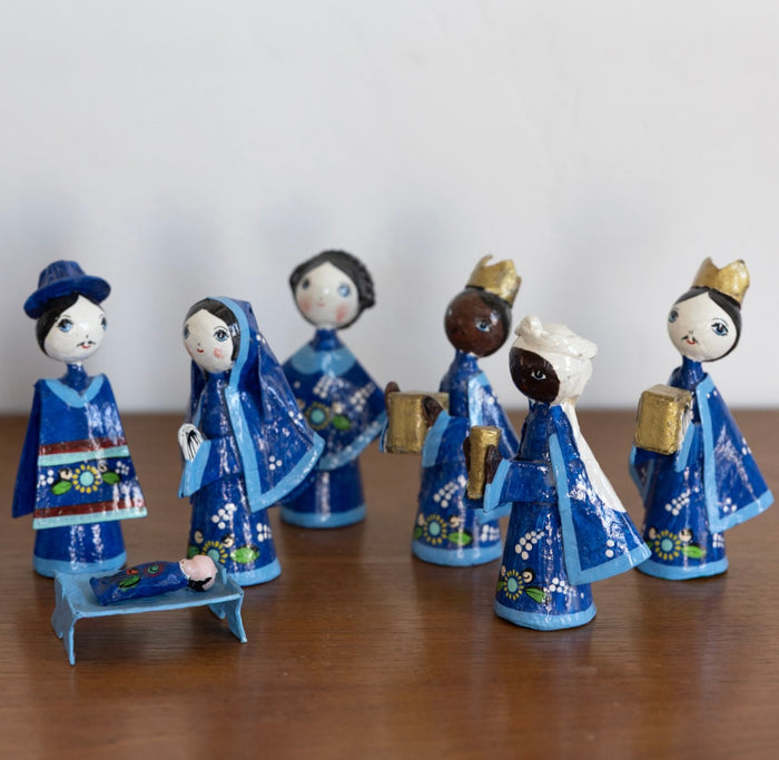 Mexican papier-mâché nativity- cobalt