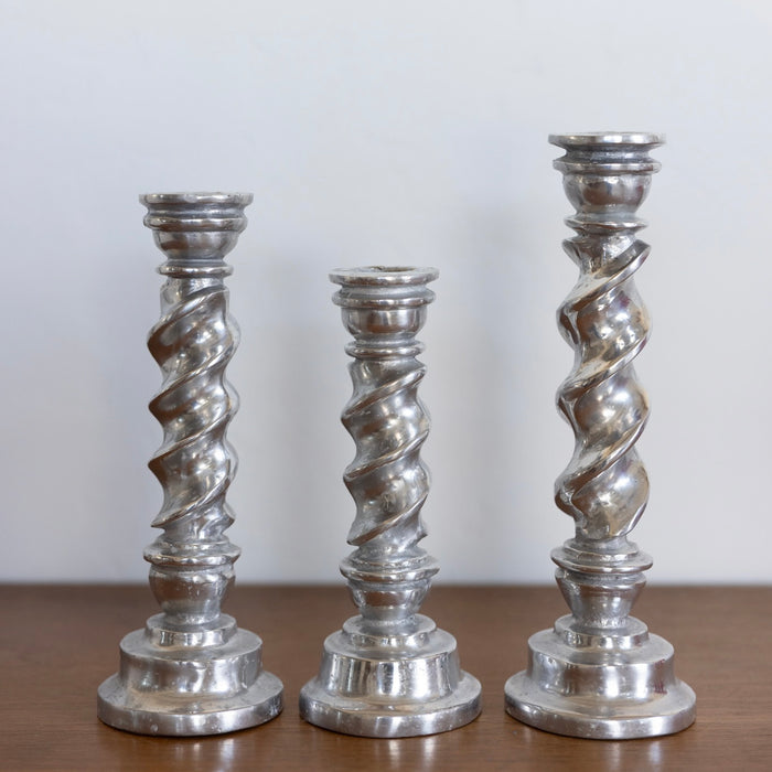 Twisted pewter candlesticks