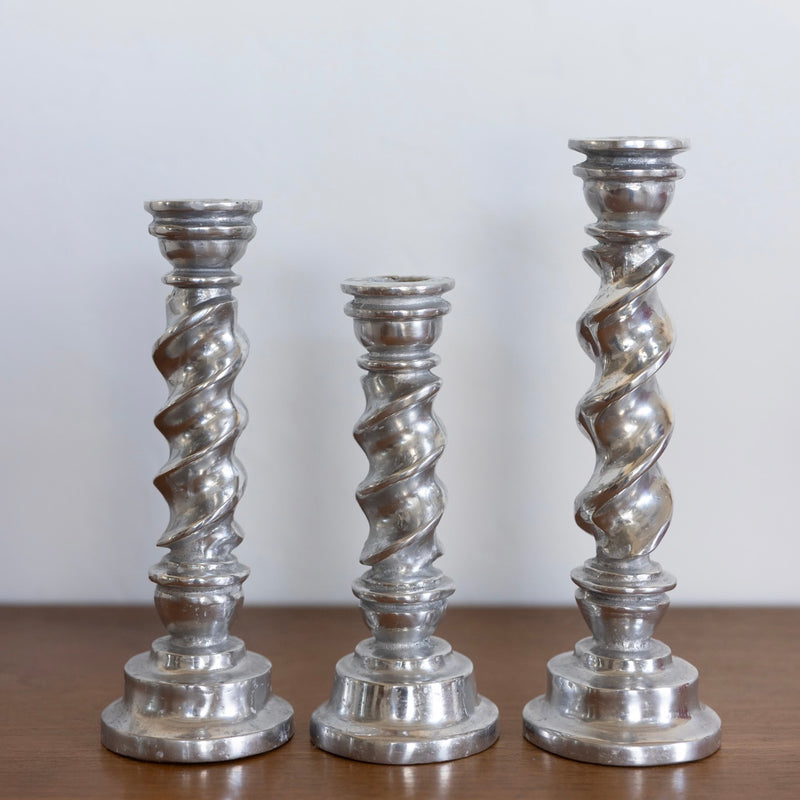 Twisted pewter candlesticks