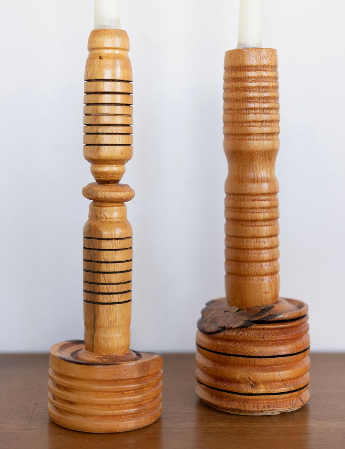 Turned wood candlesticks